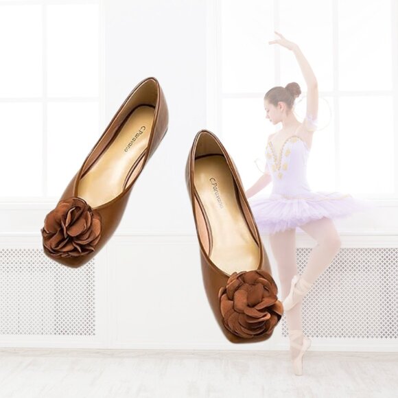 NWT - C. Paravano Eva - Square-toe Ballet Flats w/Flower Detail - Brown - Picture 2 of 6